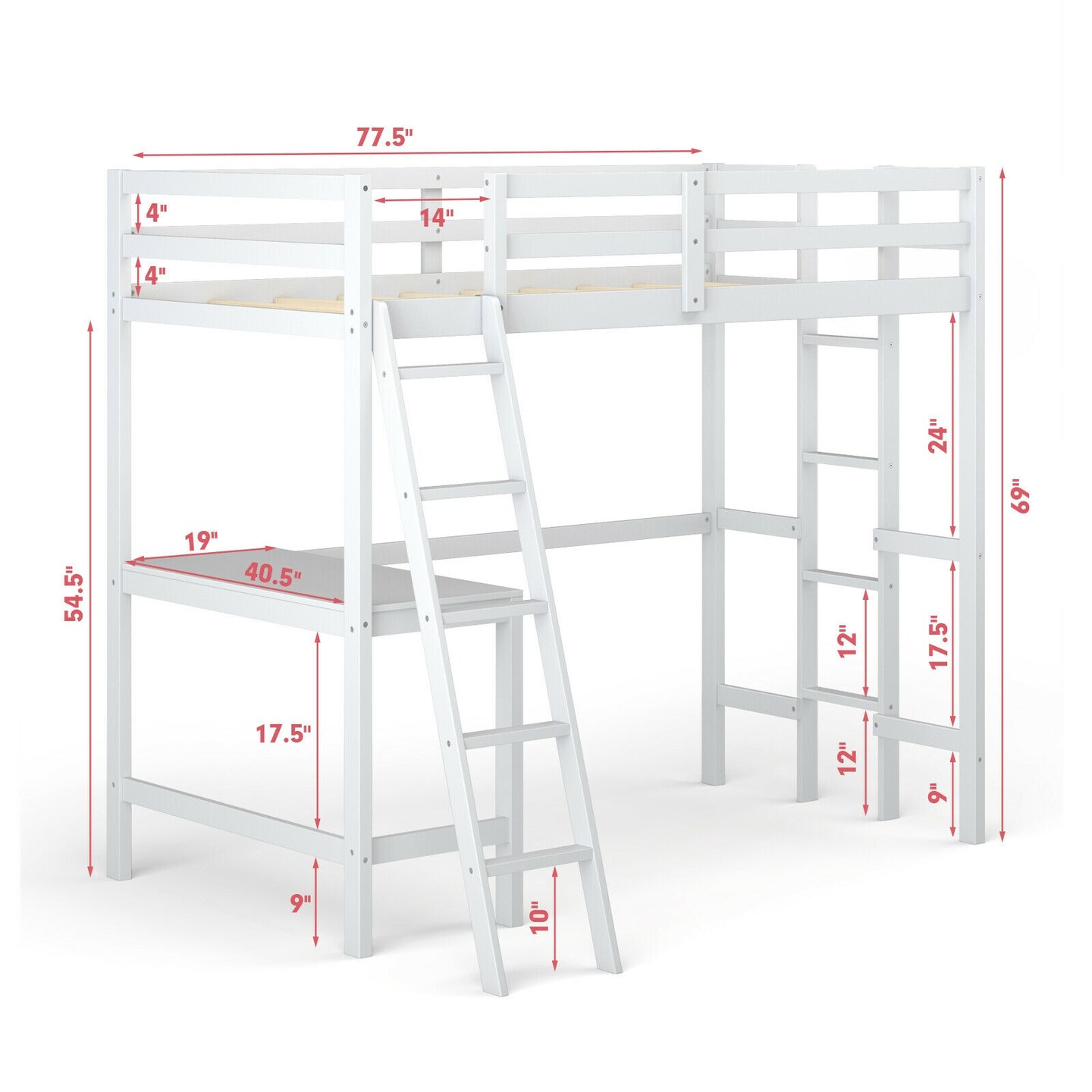 Twin Size Loft Bed Frame with Desk Angled and Built-in Ladder