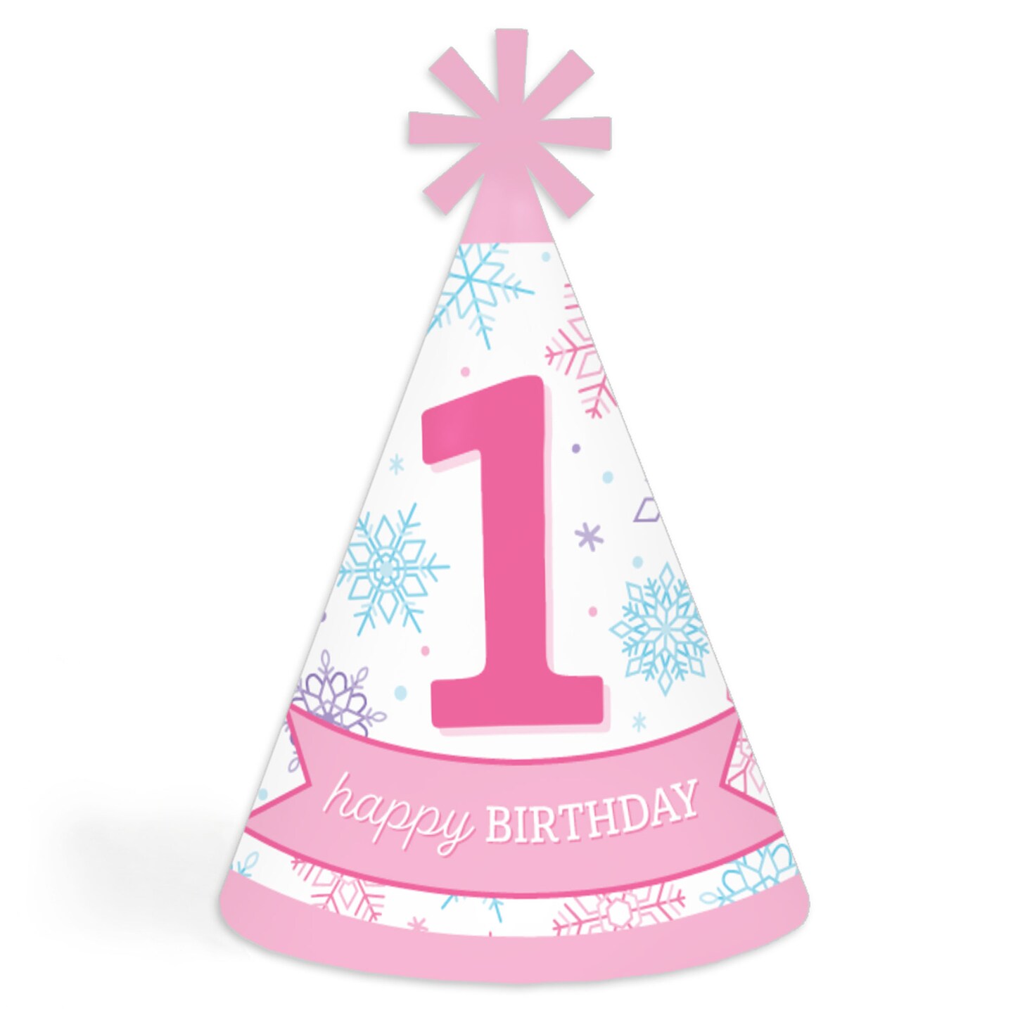 Big Dot of Happiness Pink Snowflakes 1st Birthday - Cone Happy Birthday Party Hats for Kids and Adults - Set of 8 (Standard Size)