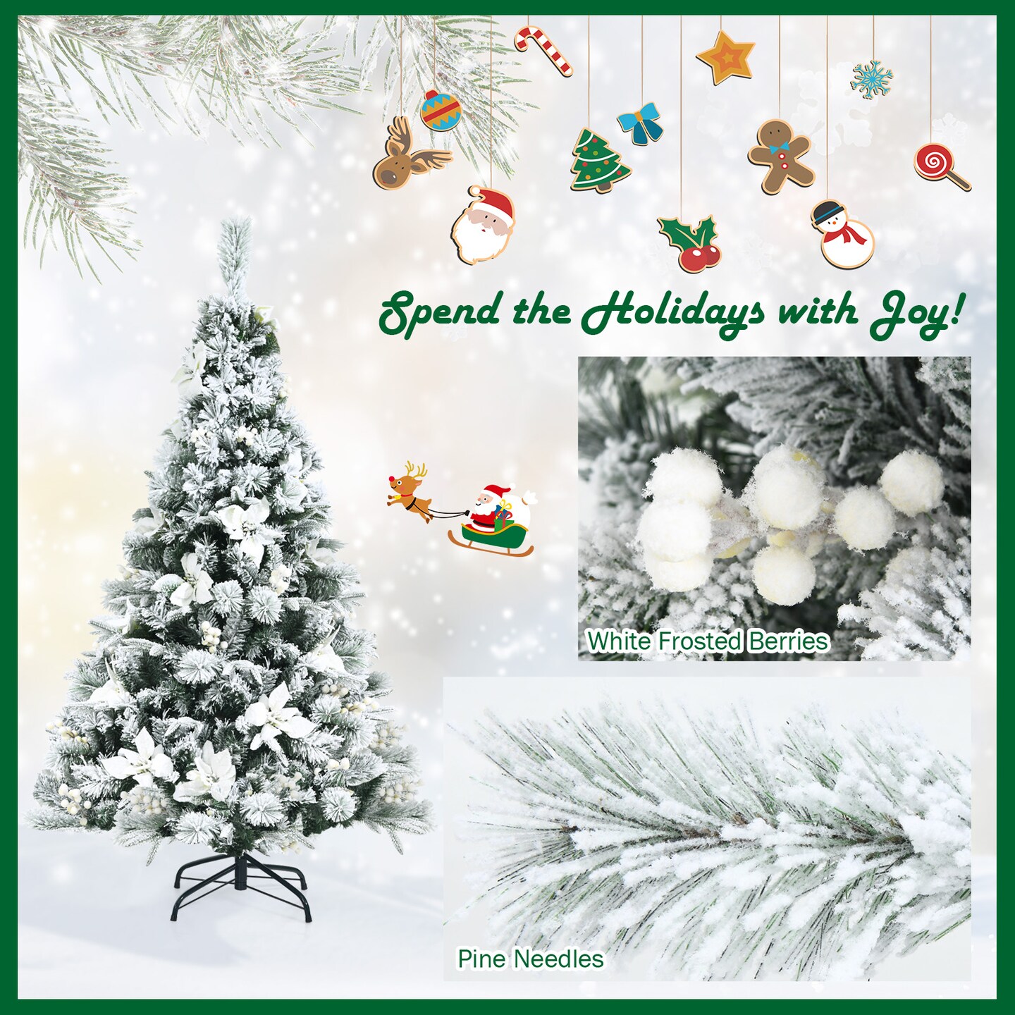 Snow Flocked Christmas Pencil Tree with Berries and Poinsettia Flowers