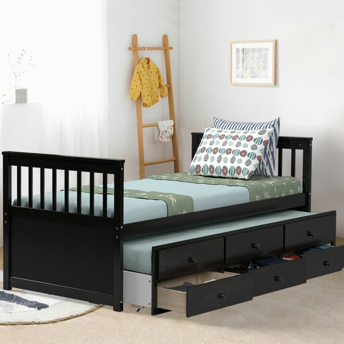 Twin Captain&#x27;s Bed with Trundle Bed with 3 Storage Drawers