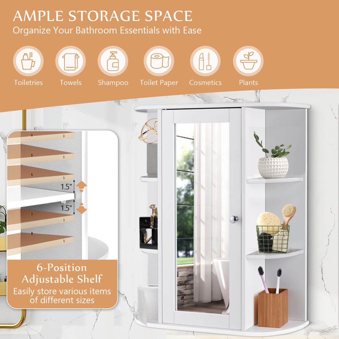 Bathroom Single Door Shelves Wall Mount Cabinet with Mirror