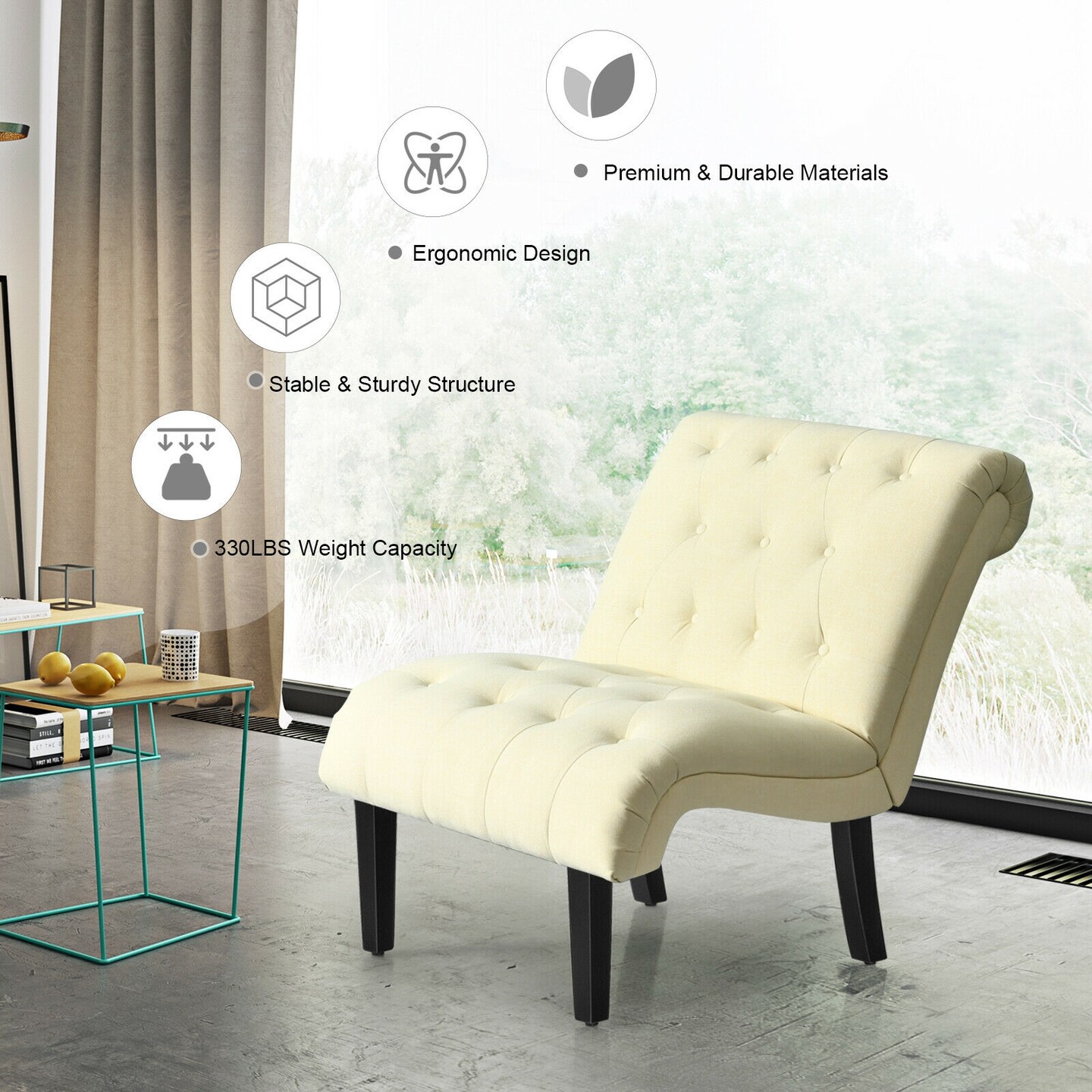 Cotton Linen Fabric Armless Accent Chair with Ergonomic Backrest and Curved Seat
