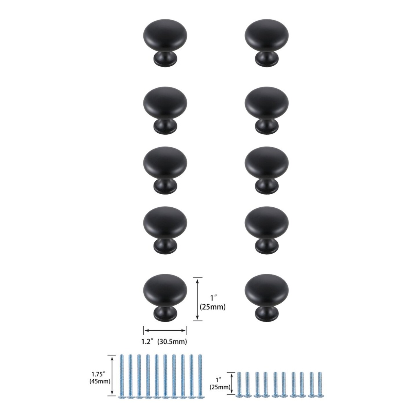 Cadon 1.2&#x22; Diameter Matte Black Mushroom Knob Multipack (Set of 10)