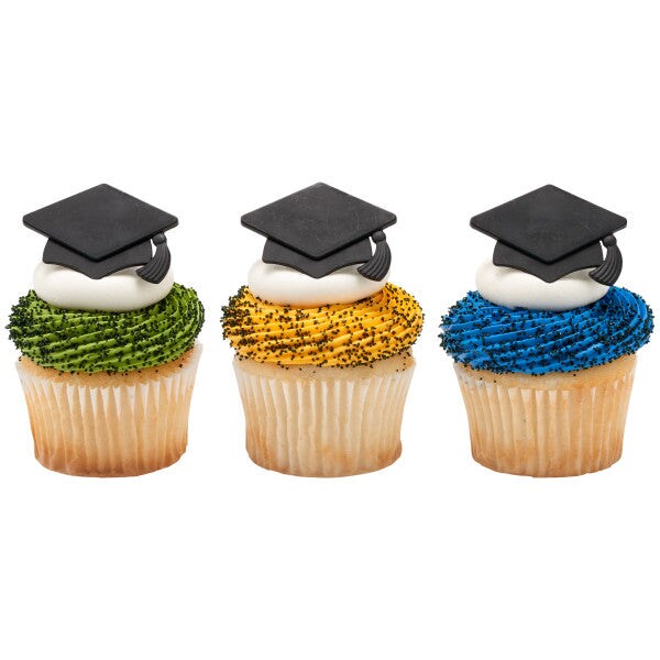 Black Grad Hat Cupcake Rings, 12ct