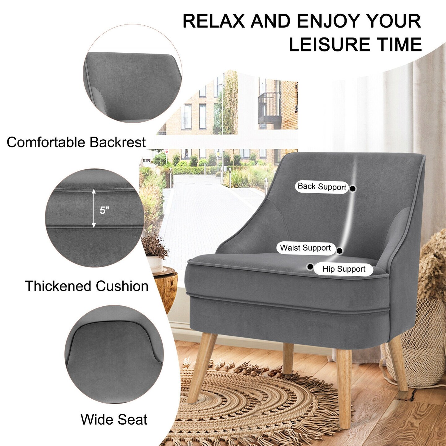 Soft and Comfortable Velvet Upholstered Accent Chair with Ergonomic Curved Backrest and Wooden Legs