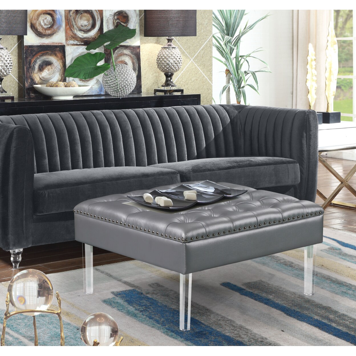 Iconic Home Marie Square Ottoman Center Table Button Tufted PU Leather Upholstered Acrylic Legs