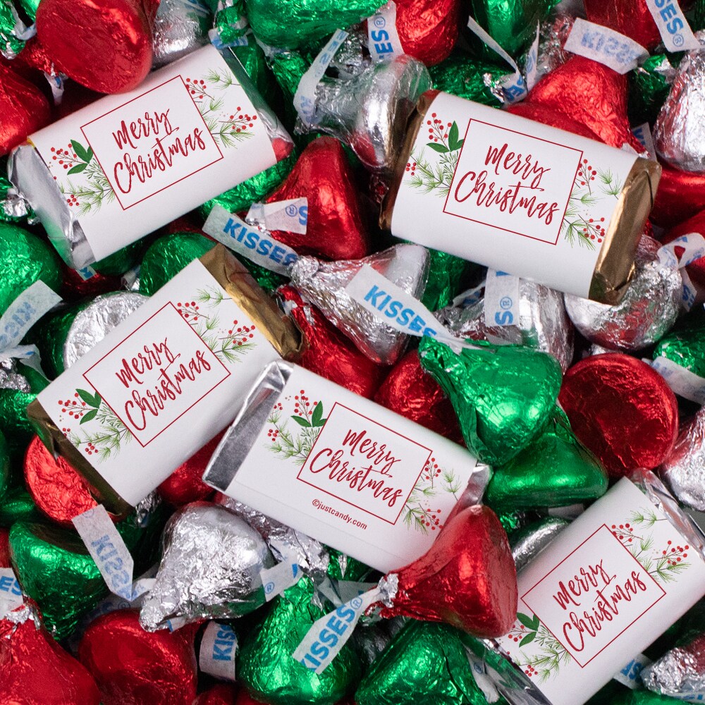 131 Pcs Christmas Candy Chocolate Party Favors Hershey&#x27;s Miniatures &#x26; Red, Green &#x26; Silver Kisses (1.65 lbs, Approx. 131 Pcs) - Merry Berry
