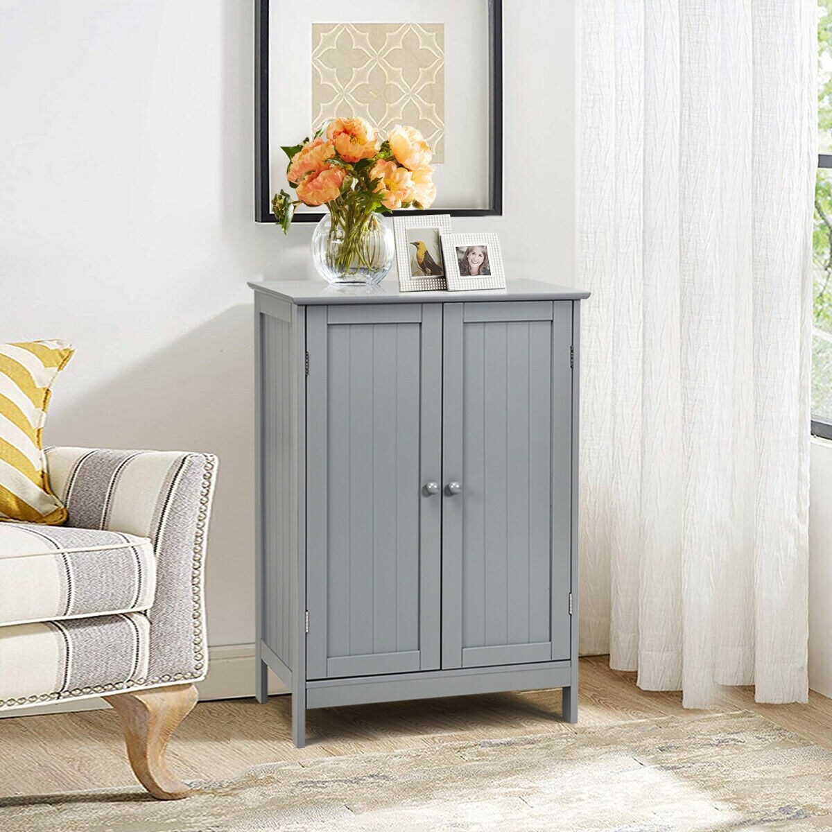 2-Door Freer-Standing Bathroom Storage Organizer Cabinet with Shelf