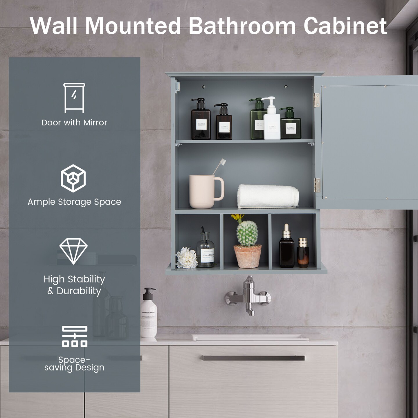 Wall Mounted Bathroom Cabinet with Mirrored Magnetic Door Holder