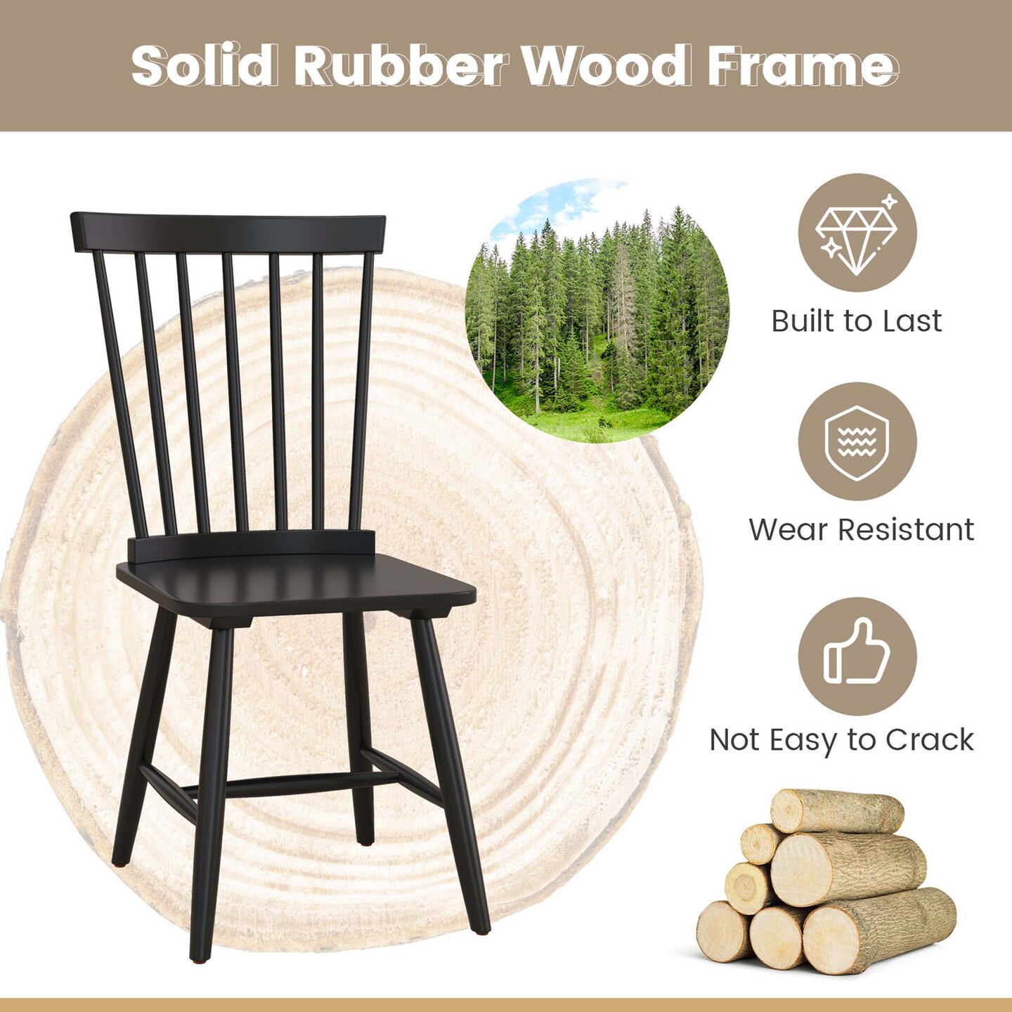Costway Windsor Dining Chairs Set of 2 Armless Spindle Back Solid Rubber Wood Black/Natural