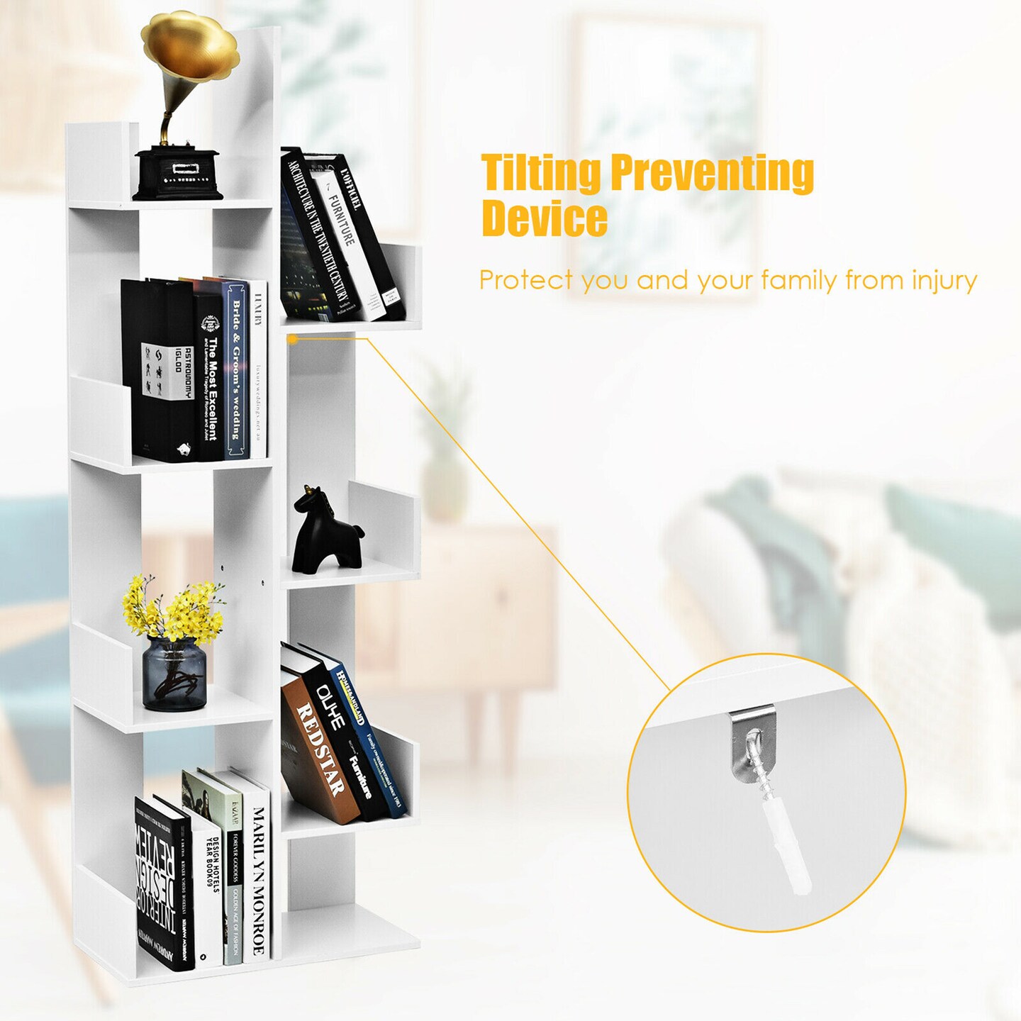 Costway 8-Tier Bookshelf Bookcase w/8 Open Compartments Space-Saving Storage Rack White/Black