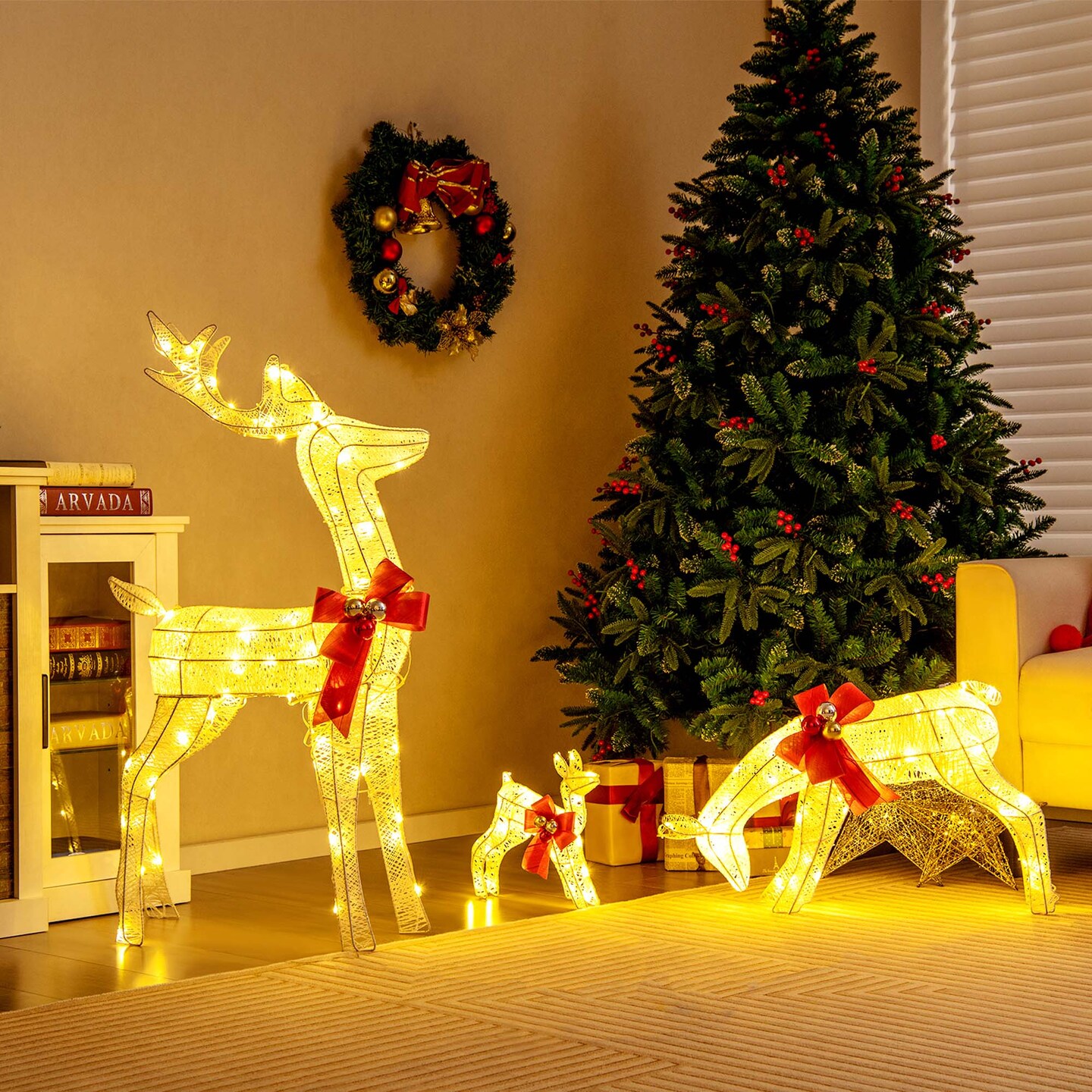 Costway 3 PCS Lighted Reindeer Family Set Pre-lit Christmas Decoration with 230 LED Lights