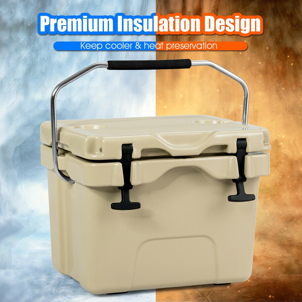 Portable 16 Quart Insulated Cooler 24 Can Capacity with Cup Holders