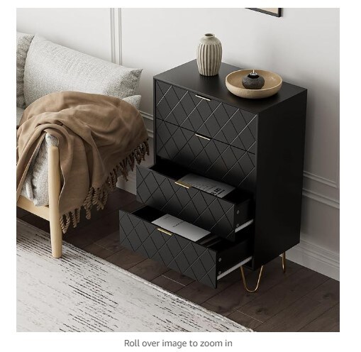 Black diamond drawer dresser for bedroom, living room, closet, and hallway; tall storage dresser chest cabinet organizer unit with metal legs