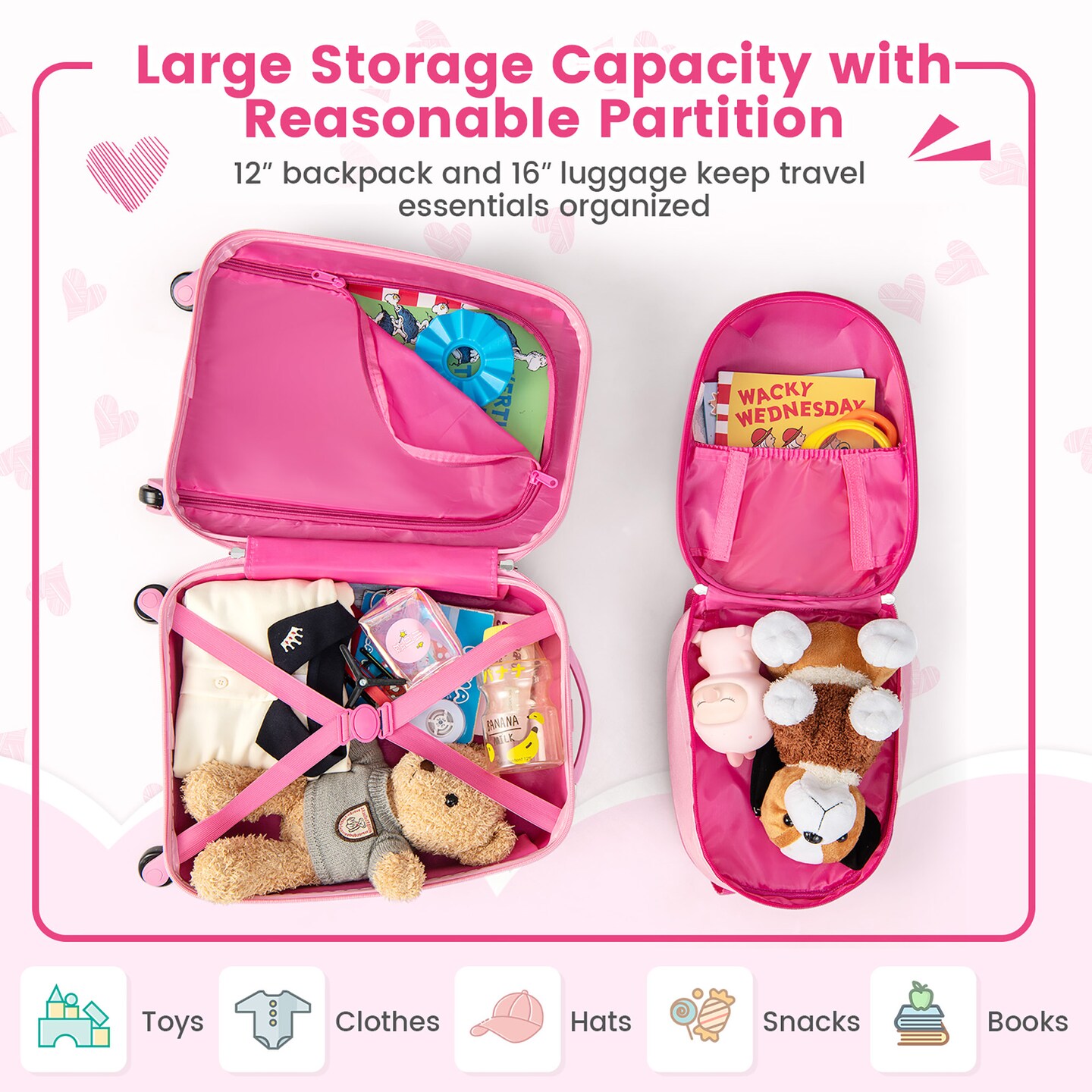 Costway 2PC Kids Carry On Luggage Set 12&#x27;&#x27; Backpack and 16&#x27;&#x27; Rolling Suitcase for Travel
