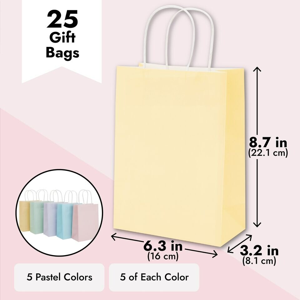 25-Pack Pastel-Colored Paper Gift Bags with Handles for Goodies, 6.3x3.2x8.7&#x22;