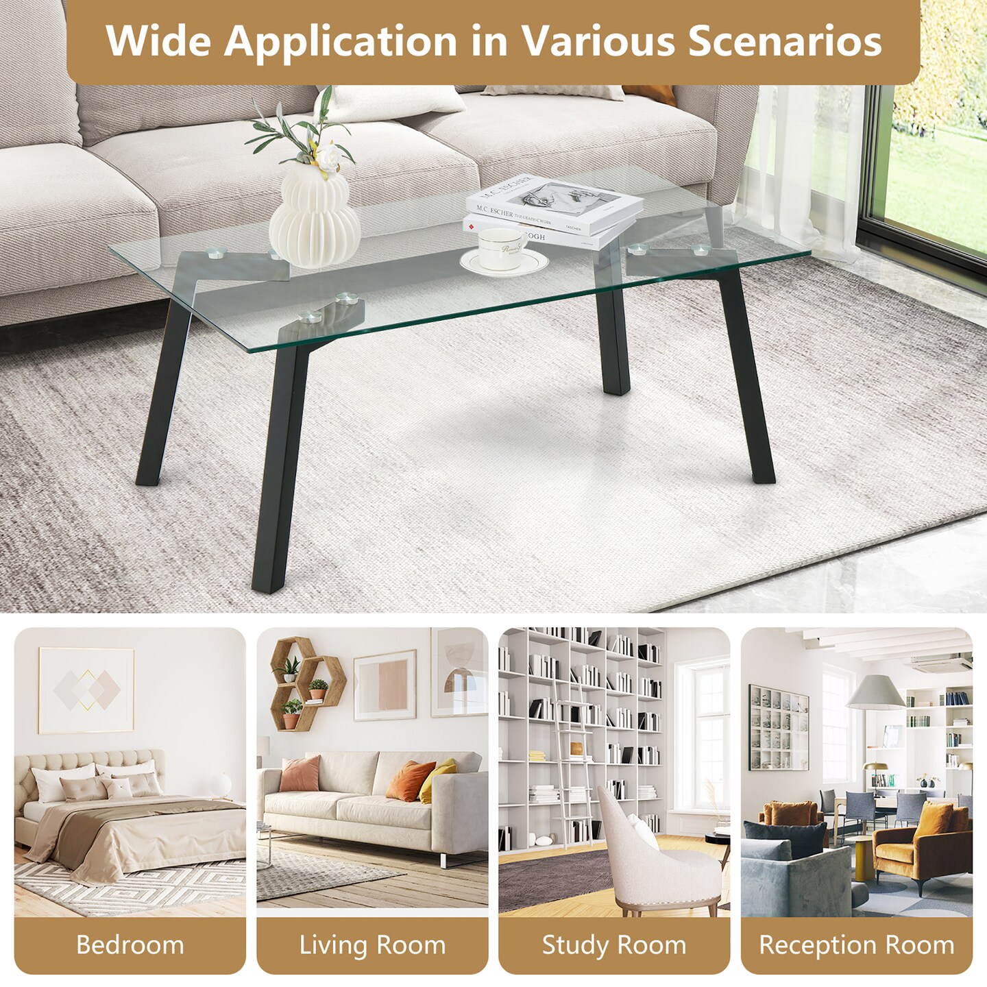 Costway Tempered Glass Coffee Table Modern Center Table with Metal Frame for Living Room