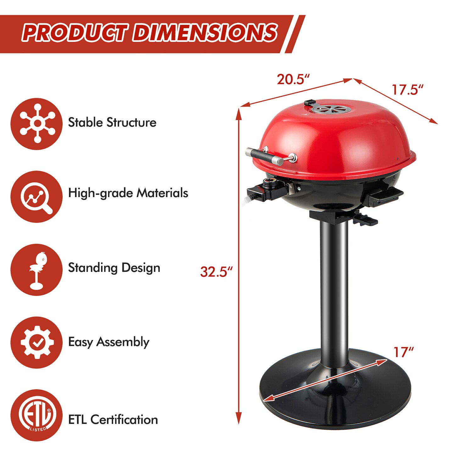 Costway Portable 1600W Electric BBQ Grill with Temperature Control & Grease Collector Red/Black