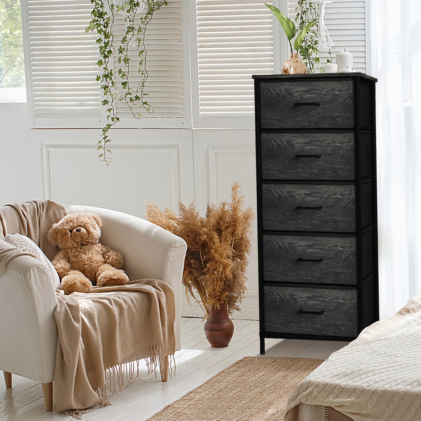 Sorbus Narrow 5 Drawers Nightstand with Steel Frame, Wood Top, Easy Pull Fabric Bins for Home, Bedroom, Office & Dorm
