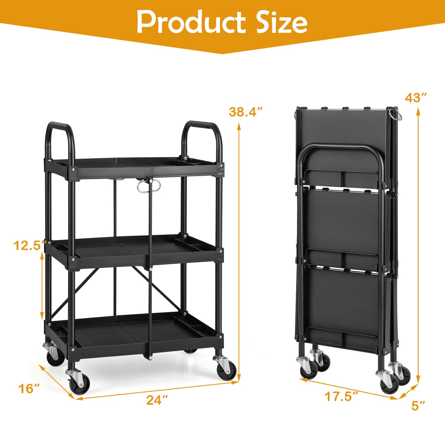 Costway Folding Collapsible Service Cart Heavy-Duty 3-Shelf Tool Cart with 4 Wheels