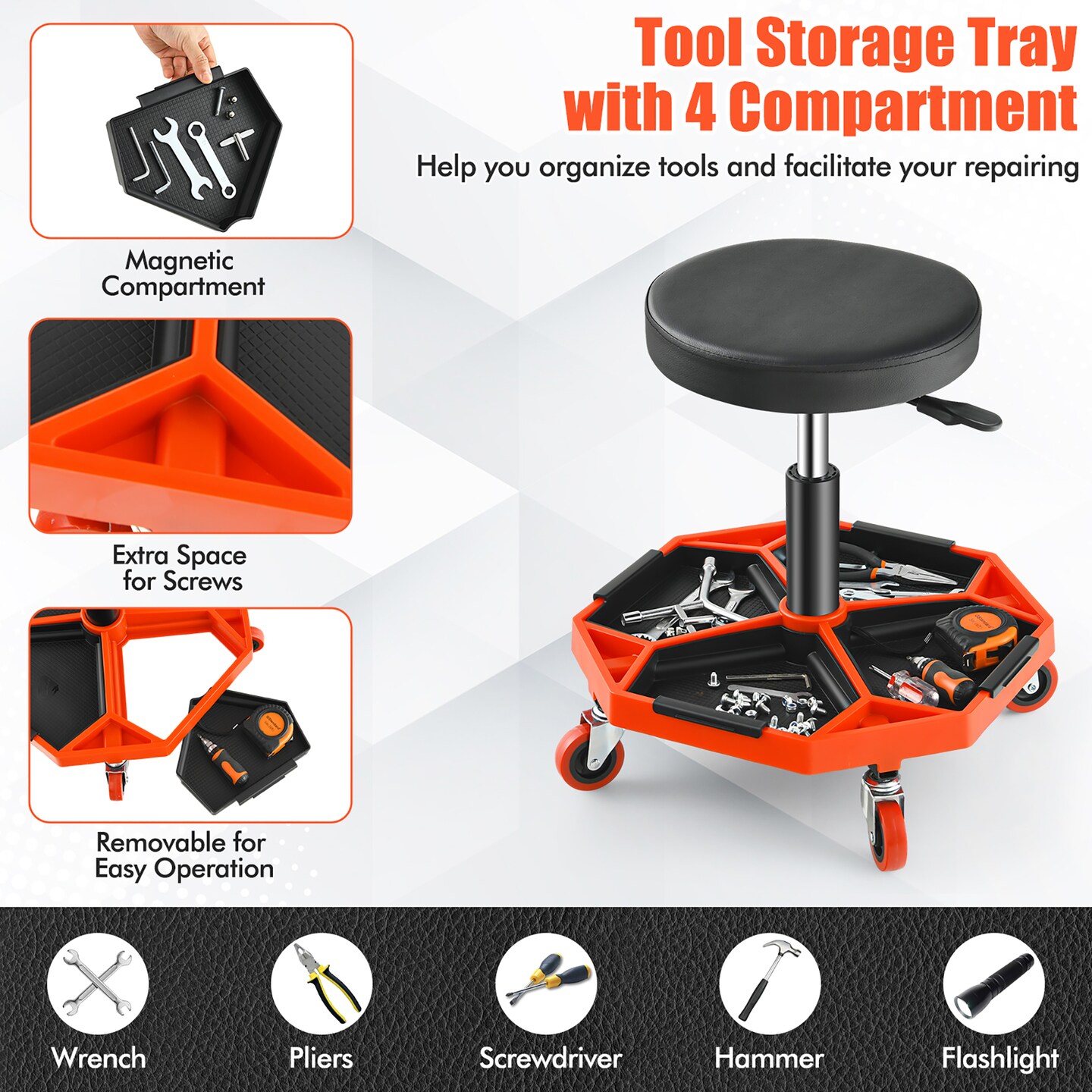 Costway Heavy-Duty Adjustable Height Rolling Stool with Tool Tray Storage 330 LBS Capacity Red
