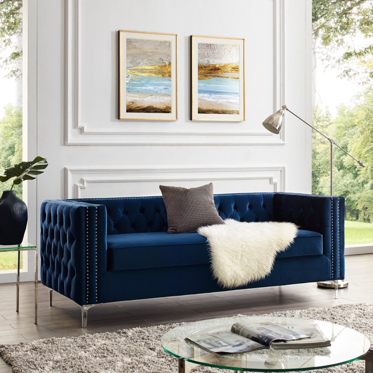 Inspired Home Alison Velvet Club Chair or Sofa-Button Tufted-Nailhead Trim-