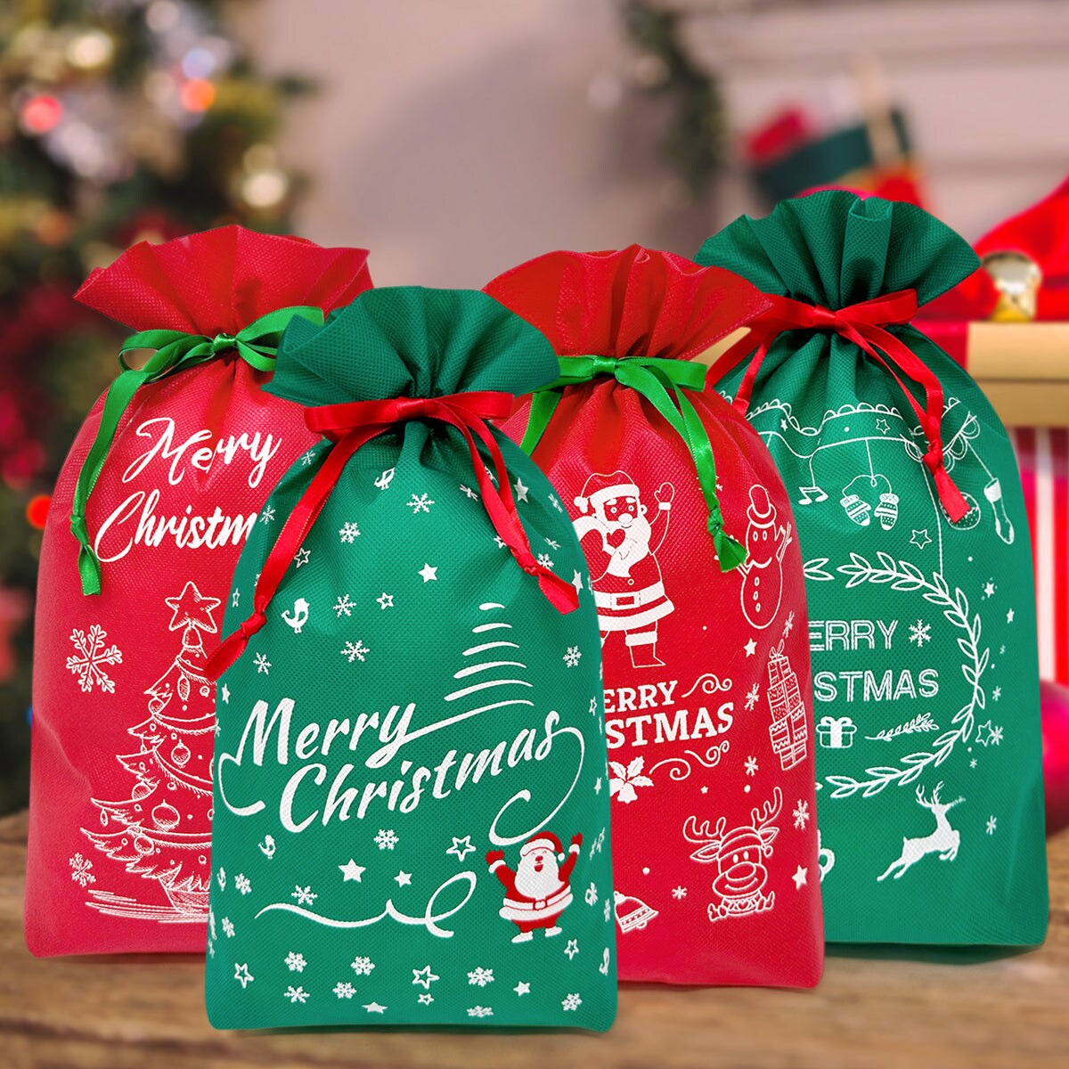 Wrapables Non-Woven Christmas Holiday Drawstring Gift Bags for Party  Favors, Goodie Bag, Treats, Gift Wrap, Parties (Set of 8)