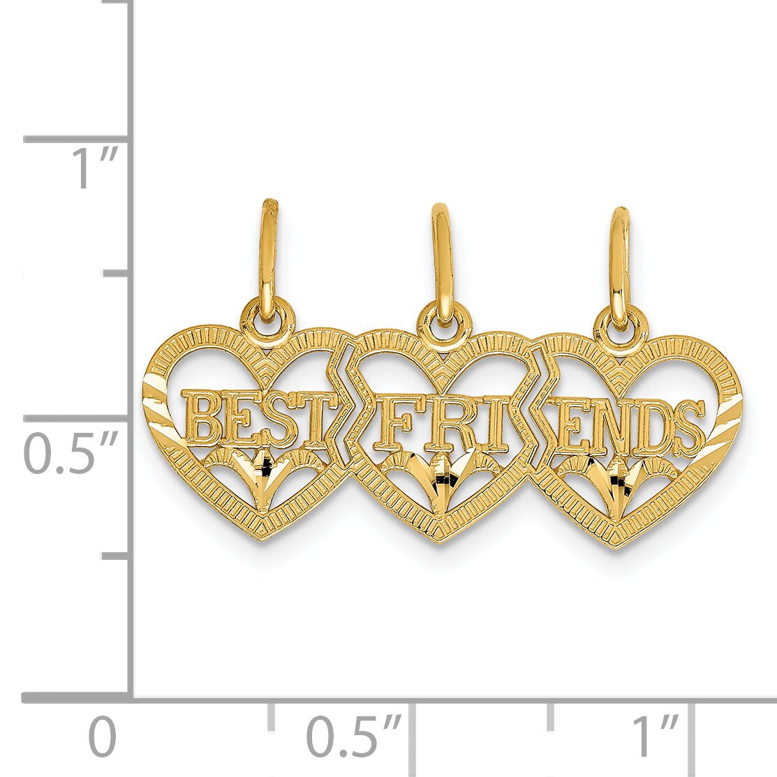 14K Gold 3 Heart Best Friends Breakable Charm Pendant Jewerly 15mm x 26mm