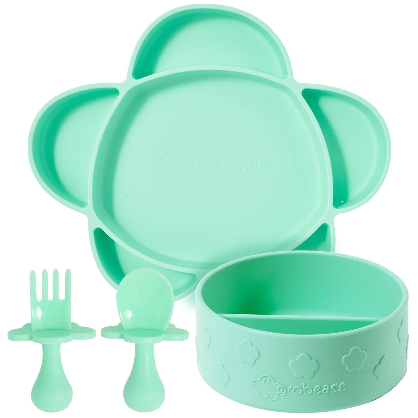 Grabease Baby Plates and Bowls Set - Essential Baby-Led Weaning Supplies for Portion Control and Self-Feeding - Suction Bottoms 4 Piece Set, BPA and Phthalates-Free, Mint