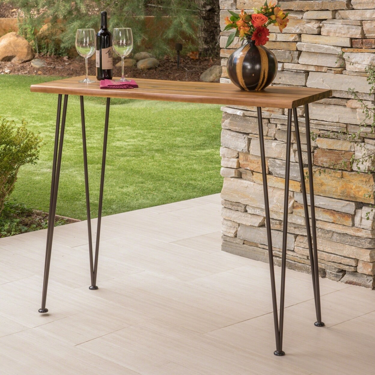 GDFStudio Dione Outdoor Rustic Industrial Acacia Wood Bar Table with Metal Hairpin Legs