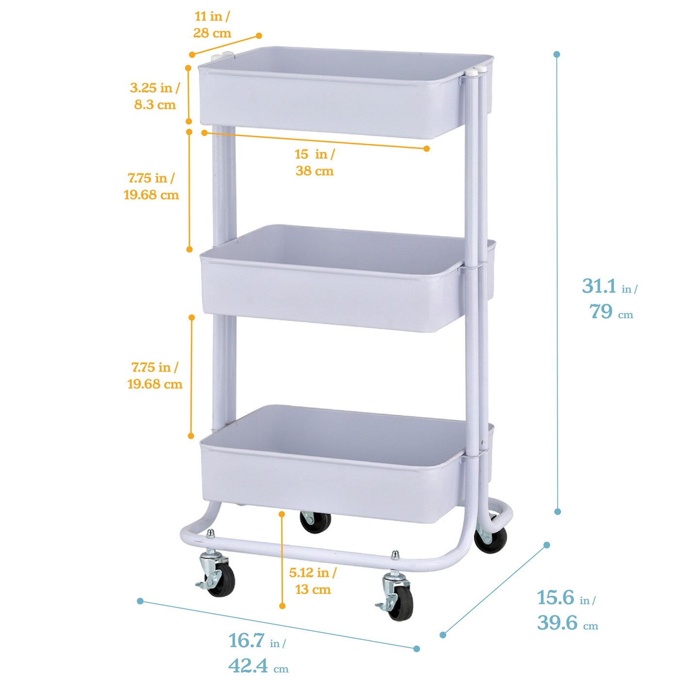 3-Tier Metal Rolling Utility Cart, Mobile Storage Organizer