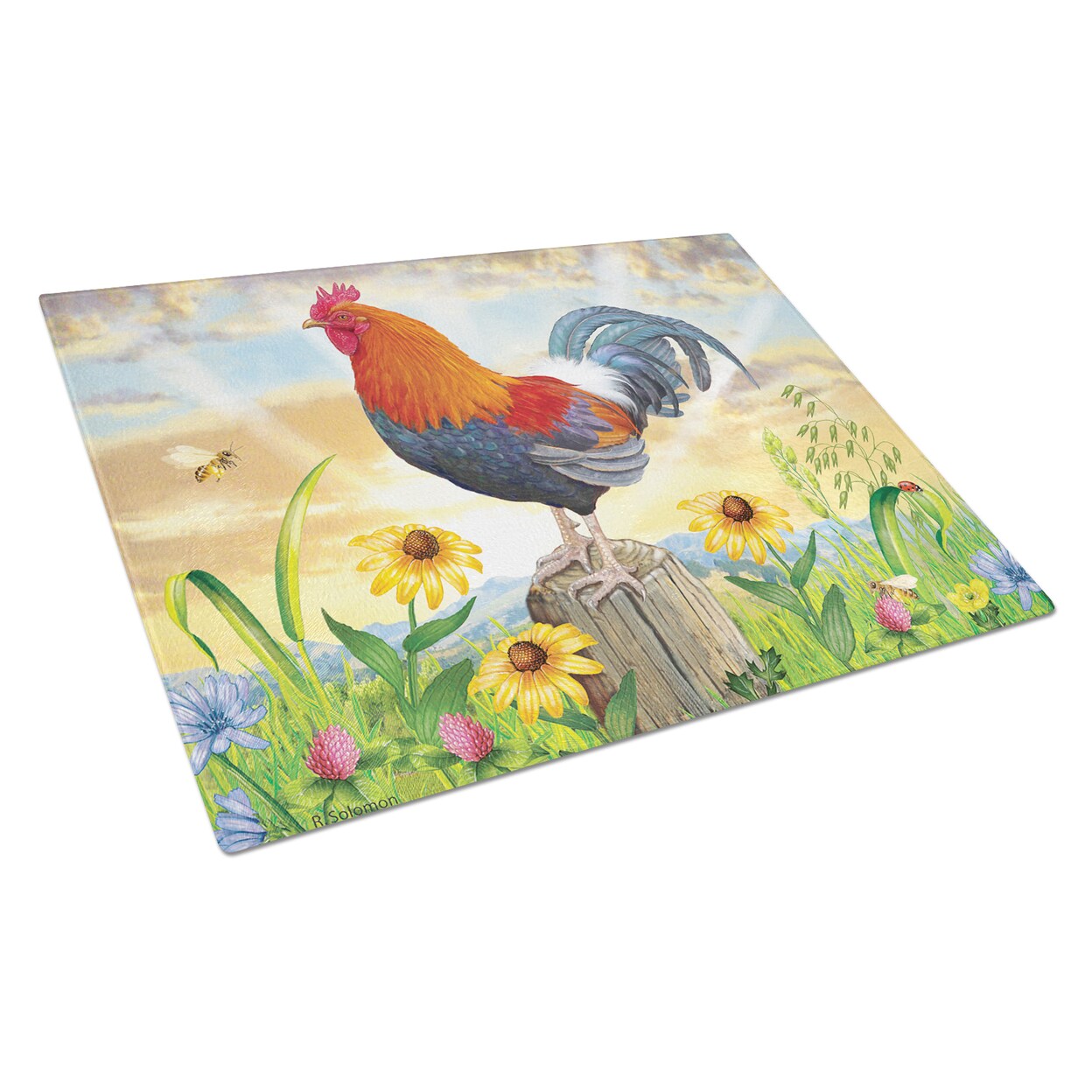 Rooster At Dawn Glass Cutting Board Large