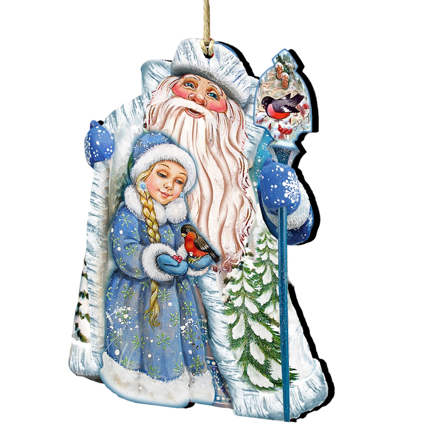 Designocracy Set of 2 Classic Santa with a Little Girl Wooden Christmas Ornaments 5.5&#x22;