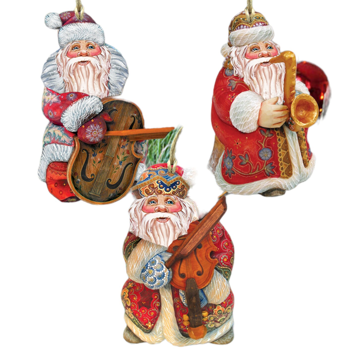 Designocracy Set of 3 Santa Playing Musical Instruments Wooden Christmas Ornaments 5.5&#x22;