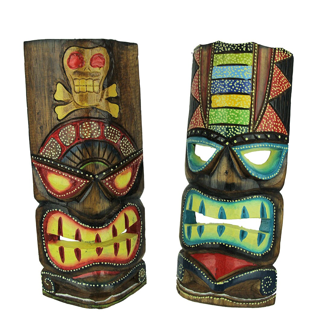 12 inch Tall Hand Crafted Wooden Tiki Totem Wall Mask Set of 2