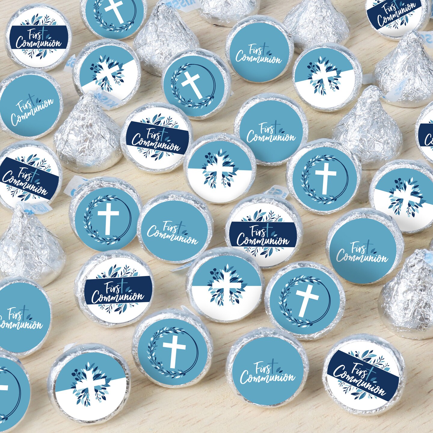 Big Dot of Happiness First Communion Blue Elegant Cross - Boy Religious Party Small Round Candy Stickers - Party Favor Labels - 324 Count