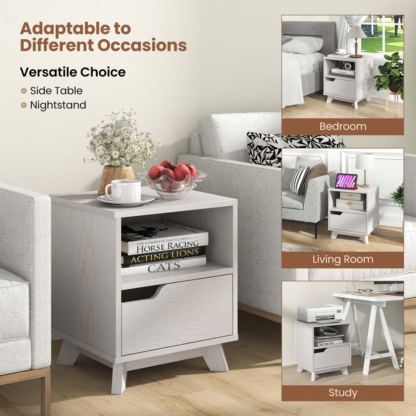 Costway 1/2 PCS Nightstand Sofa Side End Table with Storage Shelf &#x26; Drawer Space-Saving White