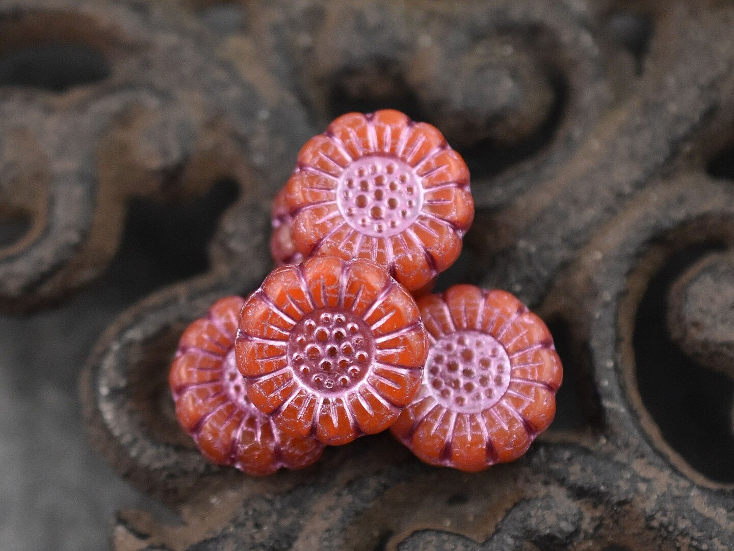 *12* 13mm Metallic Pink Washed Orange Opaline Sunflower Coin Beads