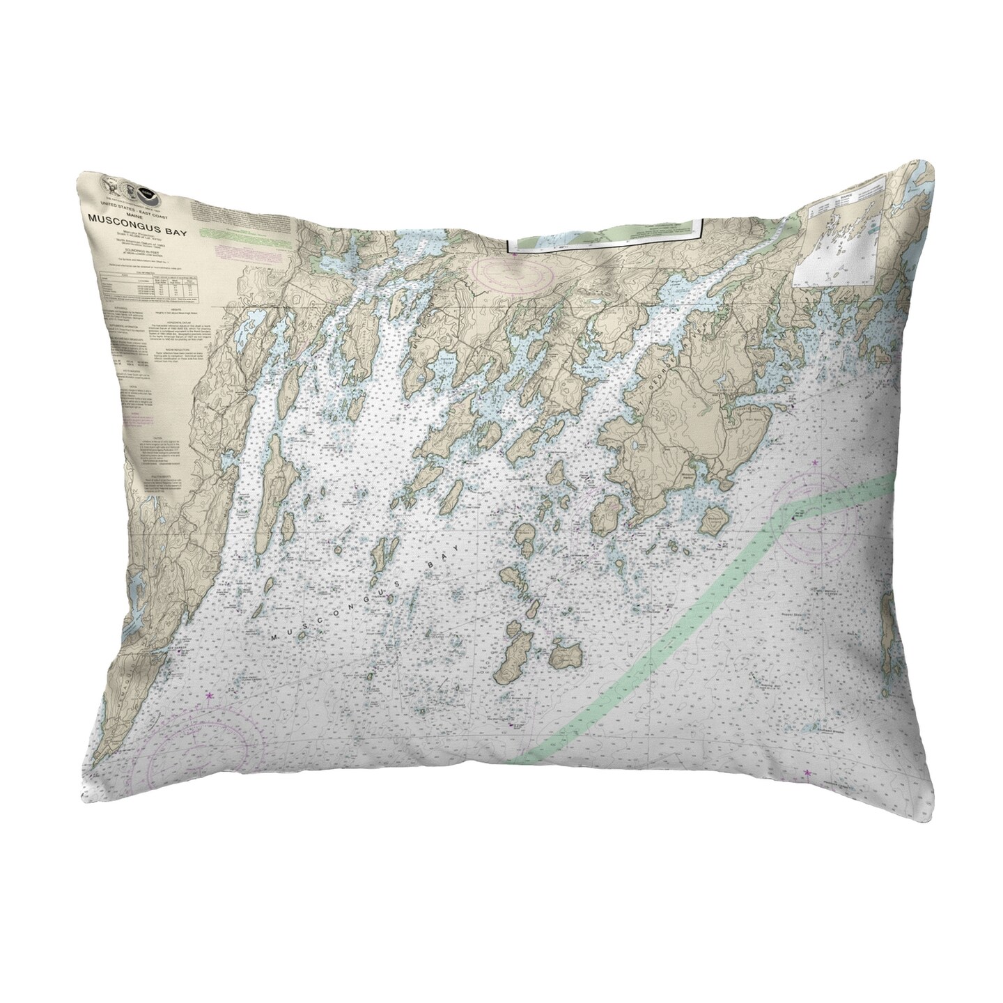 Betsy Drake Muscongus Bay, ME Nautical Map Noncorded Indoor/Outdoor Pillow 16x20