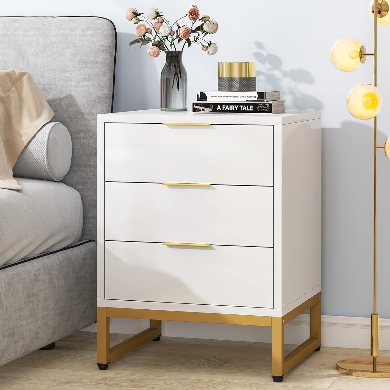 Tribesigns 3 Drawer Nightstand Modern Bedside Table White Gold Metal Frame