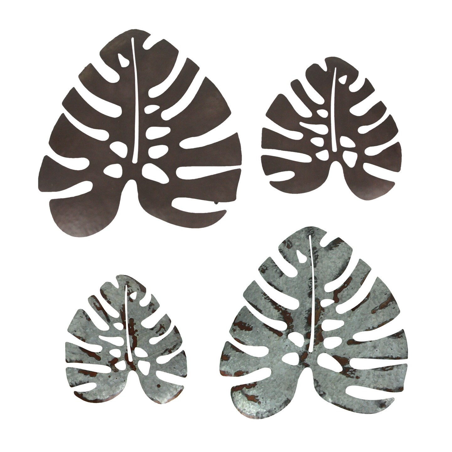 Set of 4 Vintage Look Metal Monstera Leaf Wall Hangings Tropical Decor