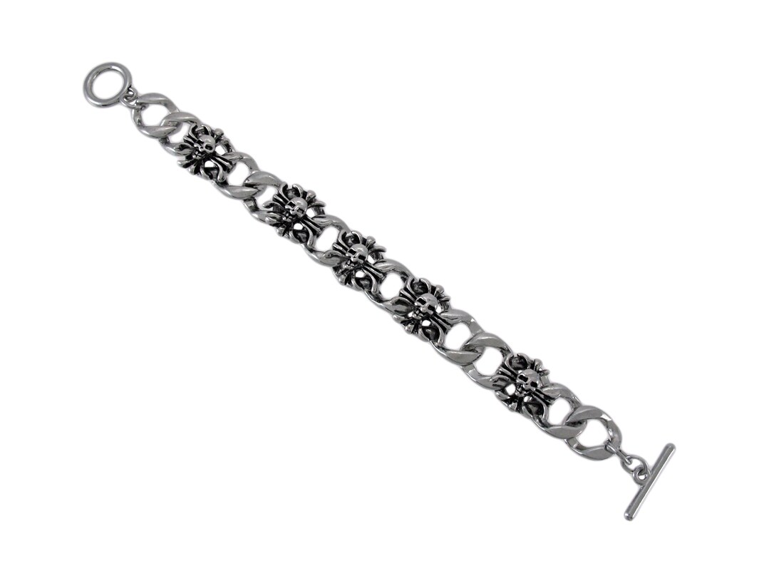 Curb Chain Link Bracelet with Vintage Cross and Skulls