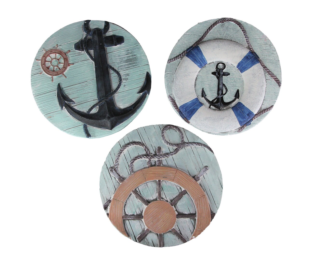 Set of 3 Concrete Nautical Circular Stone Sculptures Anchor Wheel Hanging Decorative Art