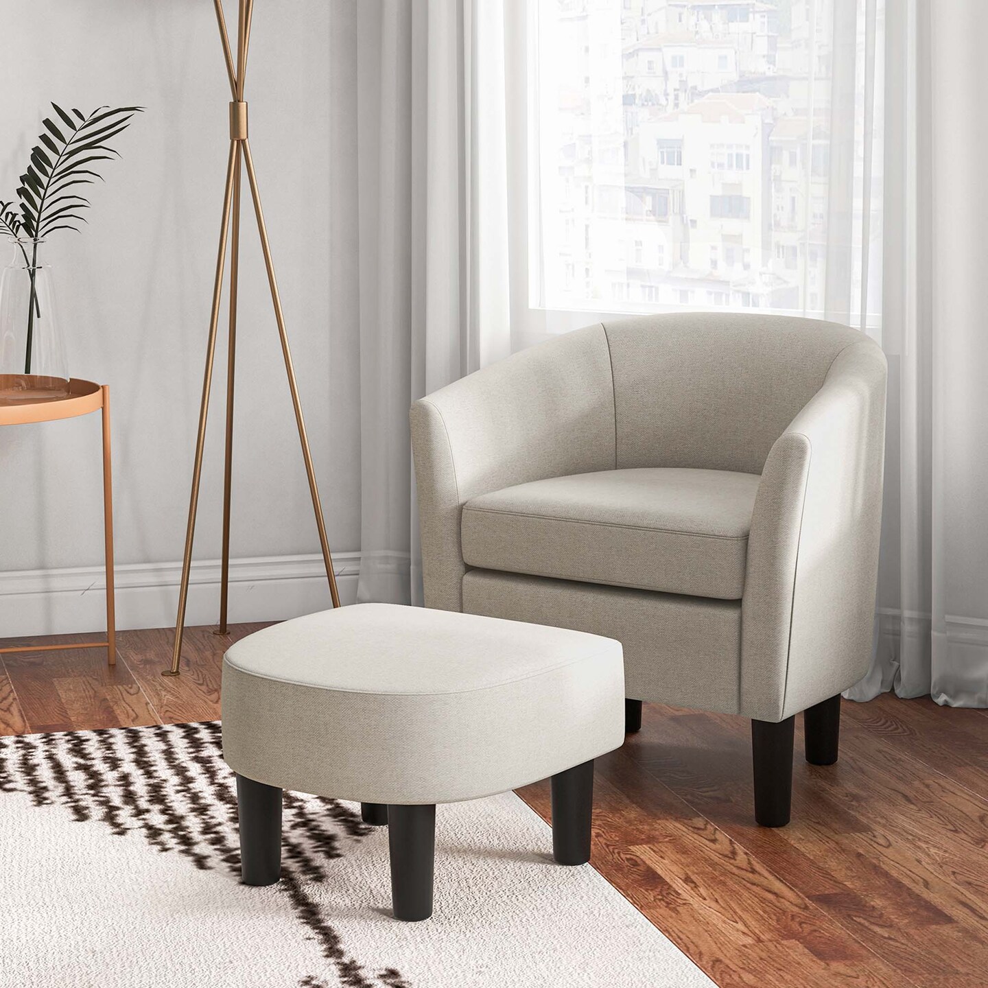 Costway Barrel Club Chair with Ottoman Set Footrest Curved Back &#x26; Removable Seat Cushion Grey/Beige