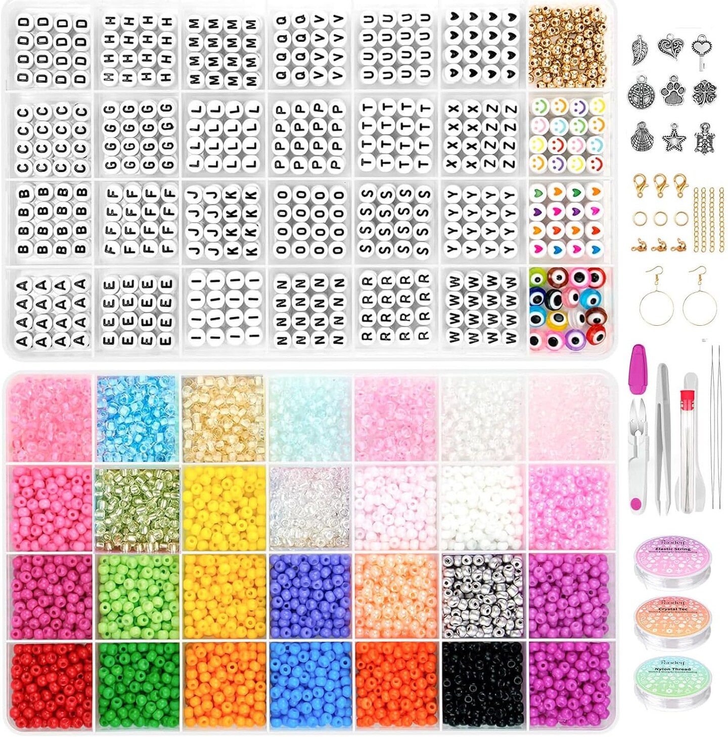 4mm Seed Beads Uniform, 1000pcs Letter Beads, 28 Colors 6500pcs 6/0 Glass Seed Beads for Bracelets Making, Loom for Name Friendship Bracelets Jewelry Making Kit with Tools