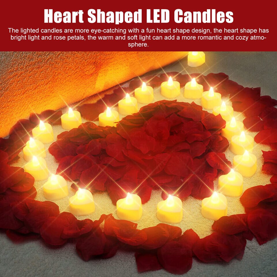 1000Pcs Artificial Rose Petals + 24Pcs LED Heart Light Candles