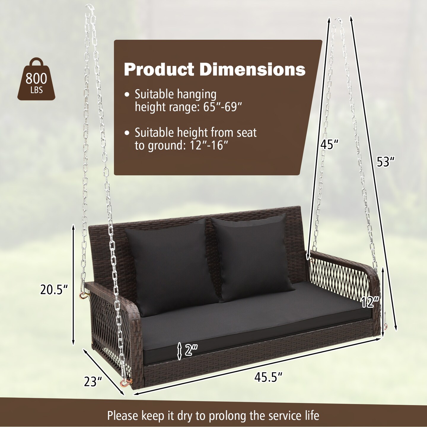 2-person Outdoor Wicker Porch Swing With Seat And Back Cushions