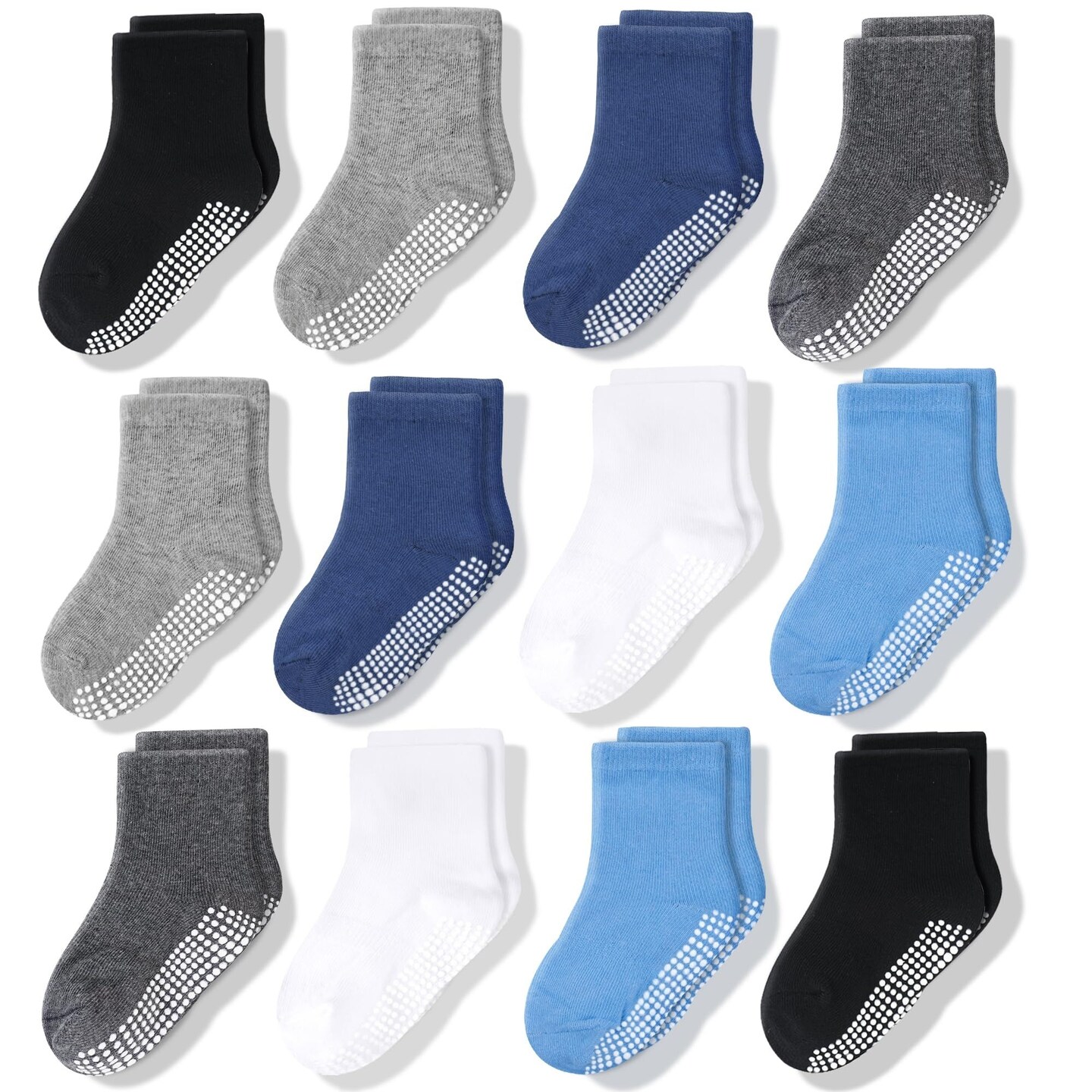 CozyWay Non-Slip Crew Grip Toddler Socks, 12 Pack for Boys, Black/Blue/Light Blue/Gray, 3-5 Years Old