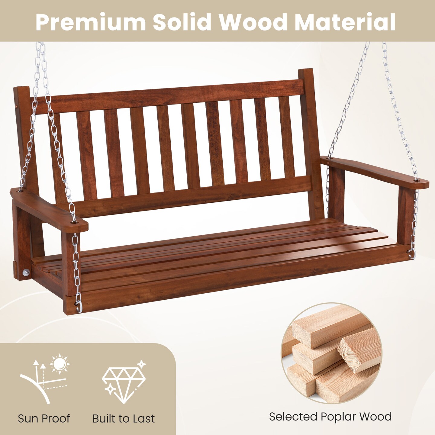 2-Person Wooden Outdoor Porch Swing with Rust-proof Metal Chain