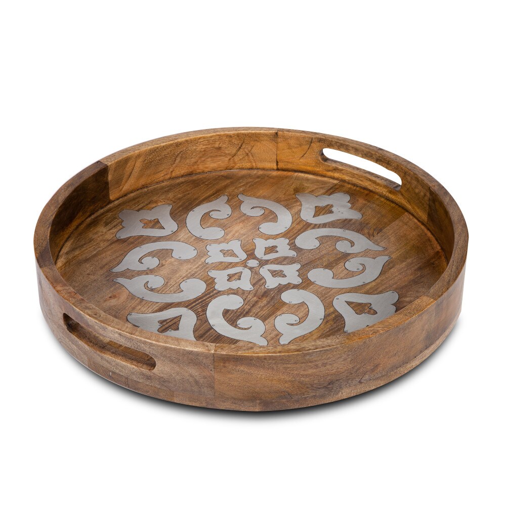 Contemporary Home Living 20" Brown and Silver Wooden Floral Patterned Round Serving Tray
